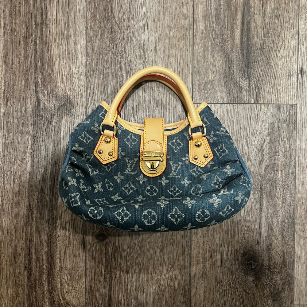 Stylish Denim Monogram Blue and Tan Designer Handbag